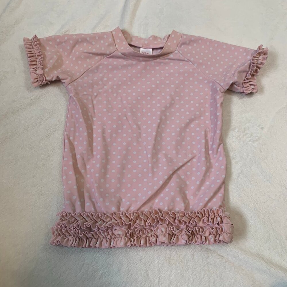 5/$25 RuffleButts Rash Guard Swim Top Kids 8 Pink Polka Dot Ruffle Short Sleeve